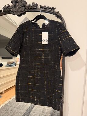 Zara Black Tweed Shift Dress with Gold Thread Grid